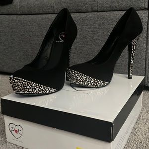 Black suede heels w/gold & silver sequins